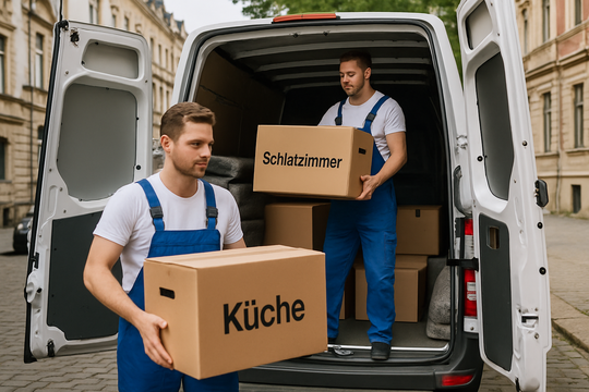 Möbeltransport Leipzig – Umzugshelfer beladen weißen Transporter
